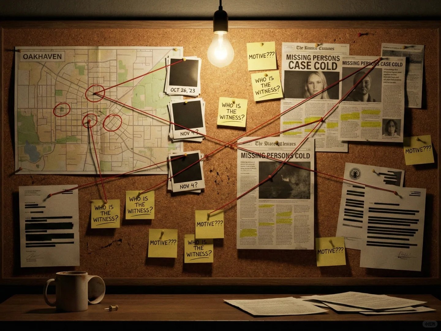 Evidence board with pinned map, photographs, documents and sticky notes connected by red thread