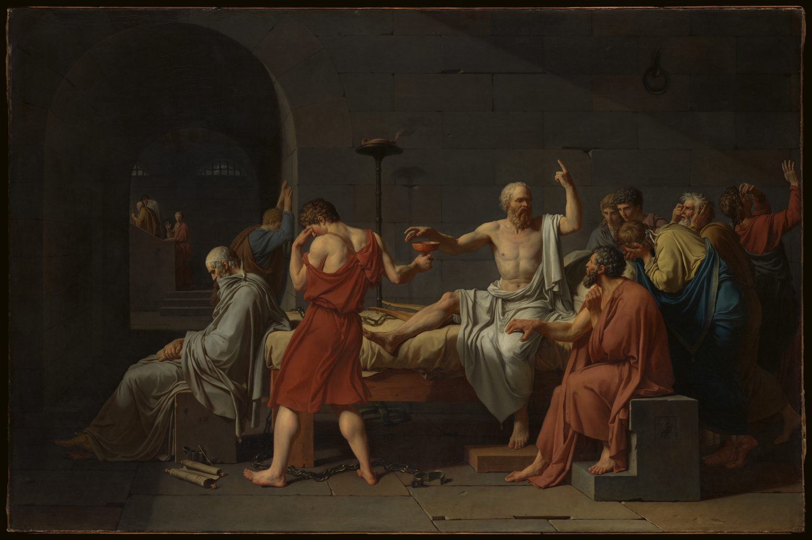 Jacques Louis David, The Death of Socrates: Socrates, condemned, continues to argue while reaching for the cup