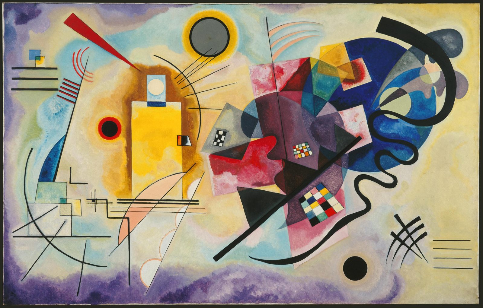 Wassily Kandinsky, Yellow-Red-Blue: geometric and floating forms recombined across the canvas