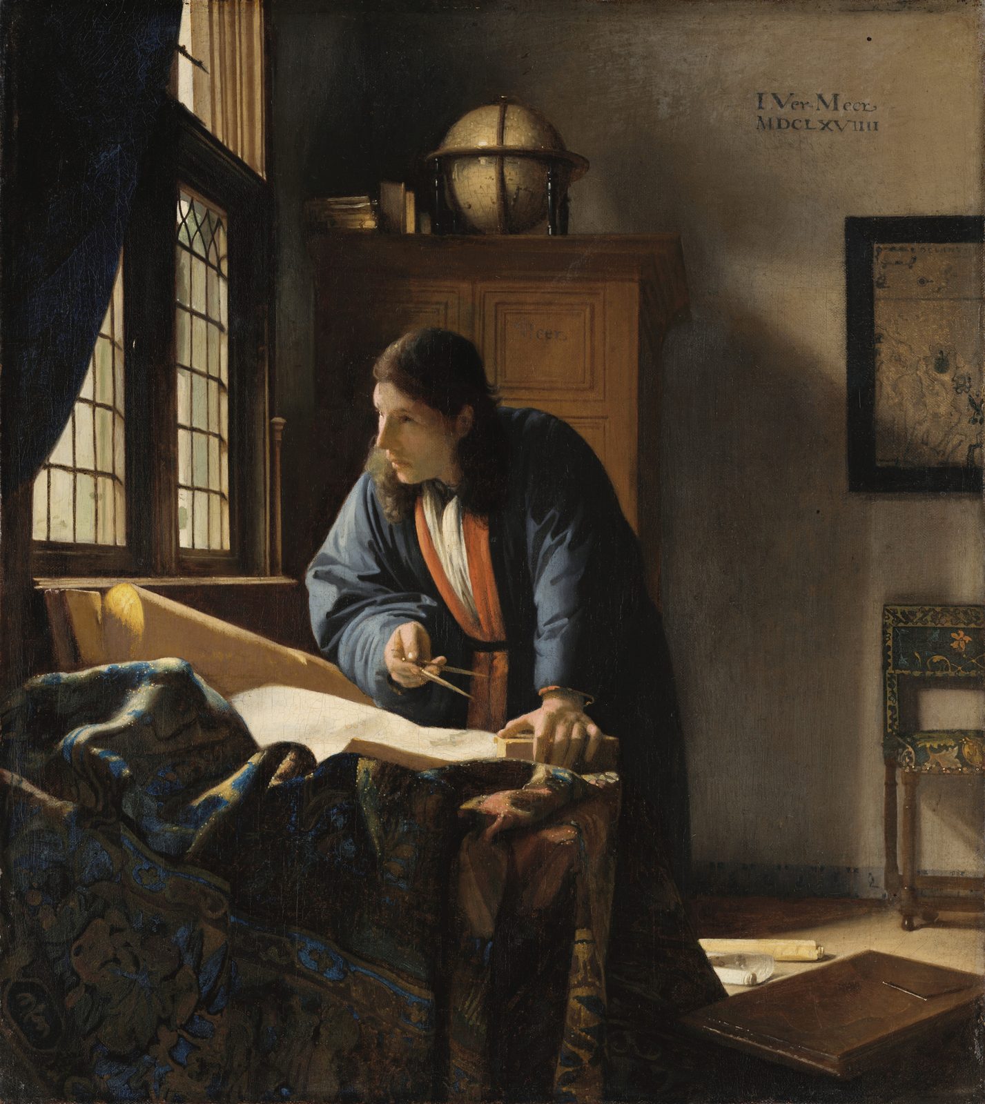 Johannes Vermeer, The Geographer: a scholar leaning over maps with dividers in hand